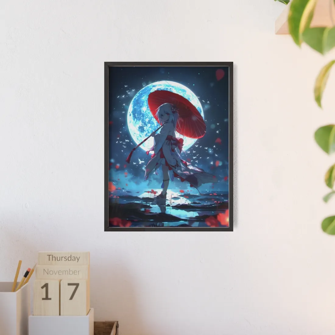 Cute Anime Girl with Umbrella: Rainy Day Art - Framed Poster