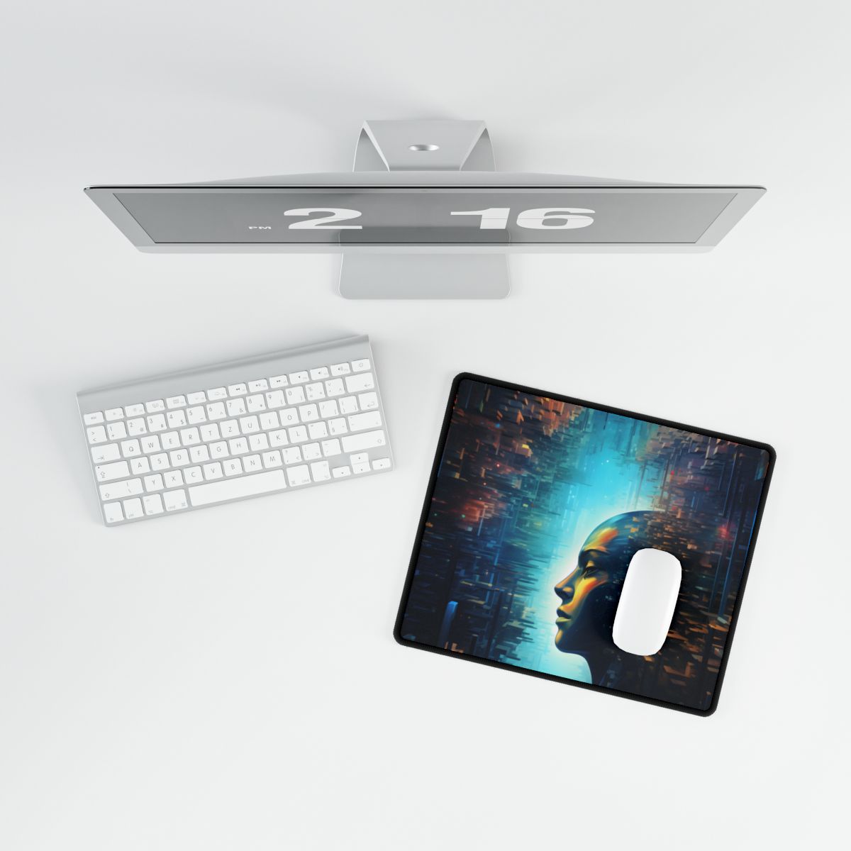 Cyber Dreams: Futuristic Digital Artwork with Neon Lights - Desk Mat