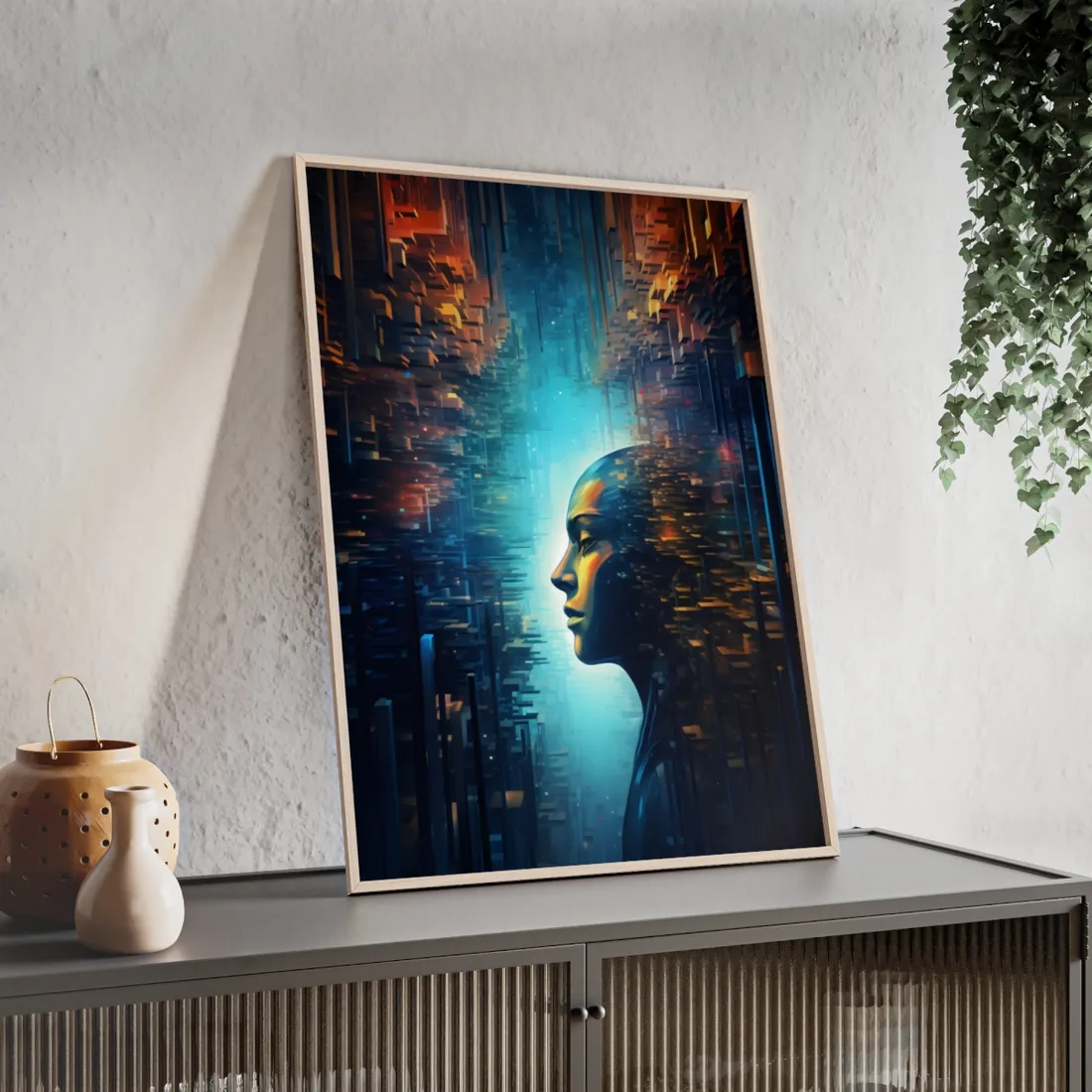 Cyber Dreams: Futuristic Digital Artwork with Neon Lights - Framed Poster