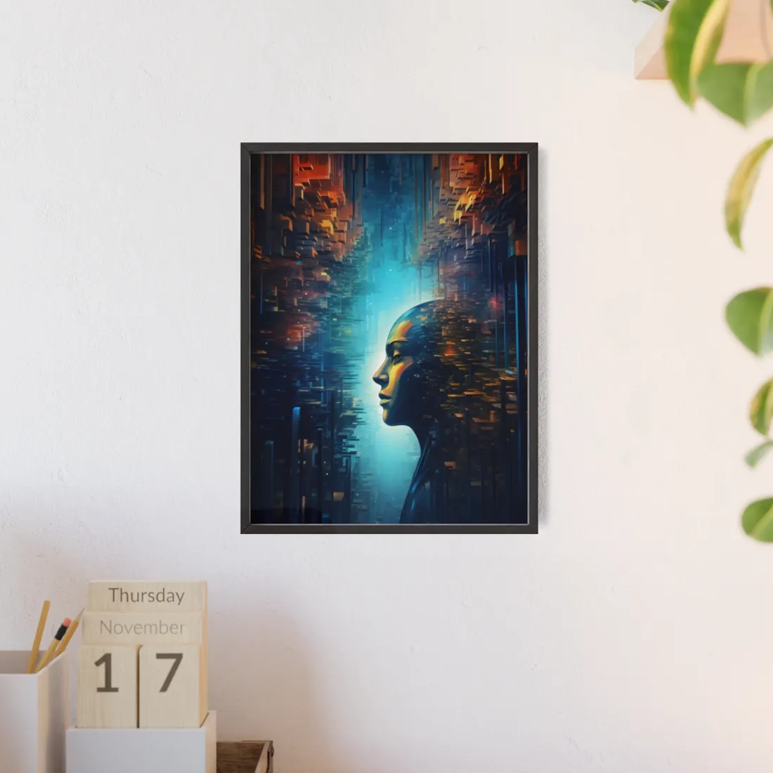 Cyber Dreams: Futuristic Digital Artwork with Neon Lights - Framed Poster