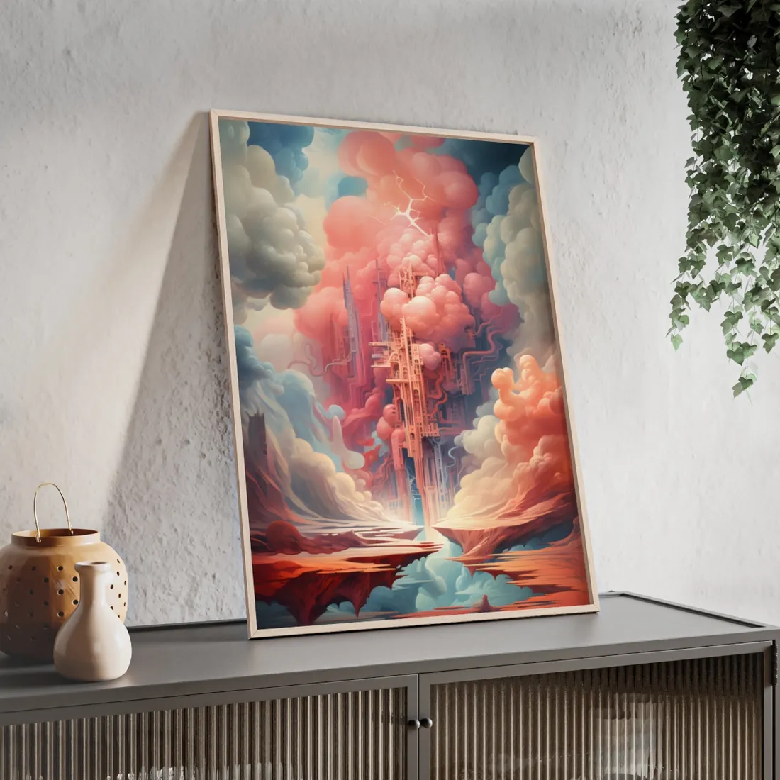 Cyber Dreamscape: Abstract Artwork in Neon Hues - Framed Poster