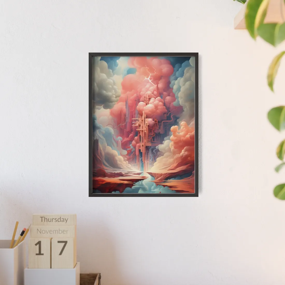 Cyber Dreamscape: Abstract Artwork in Neon Hues - Framed Poster
