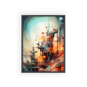 Floating Spheres over Futuristic City Framed Poster