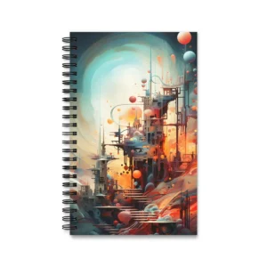 Floating Spheres over Futuristic City Spiral Notebook