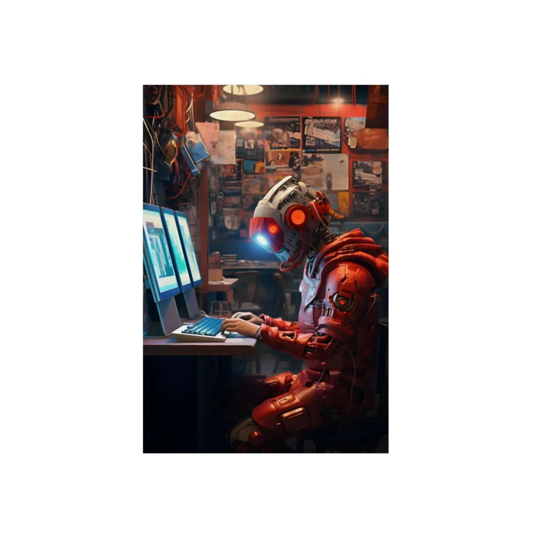 Cyber Hacker at Desk: Red Android Portrait - Metal Poster