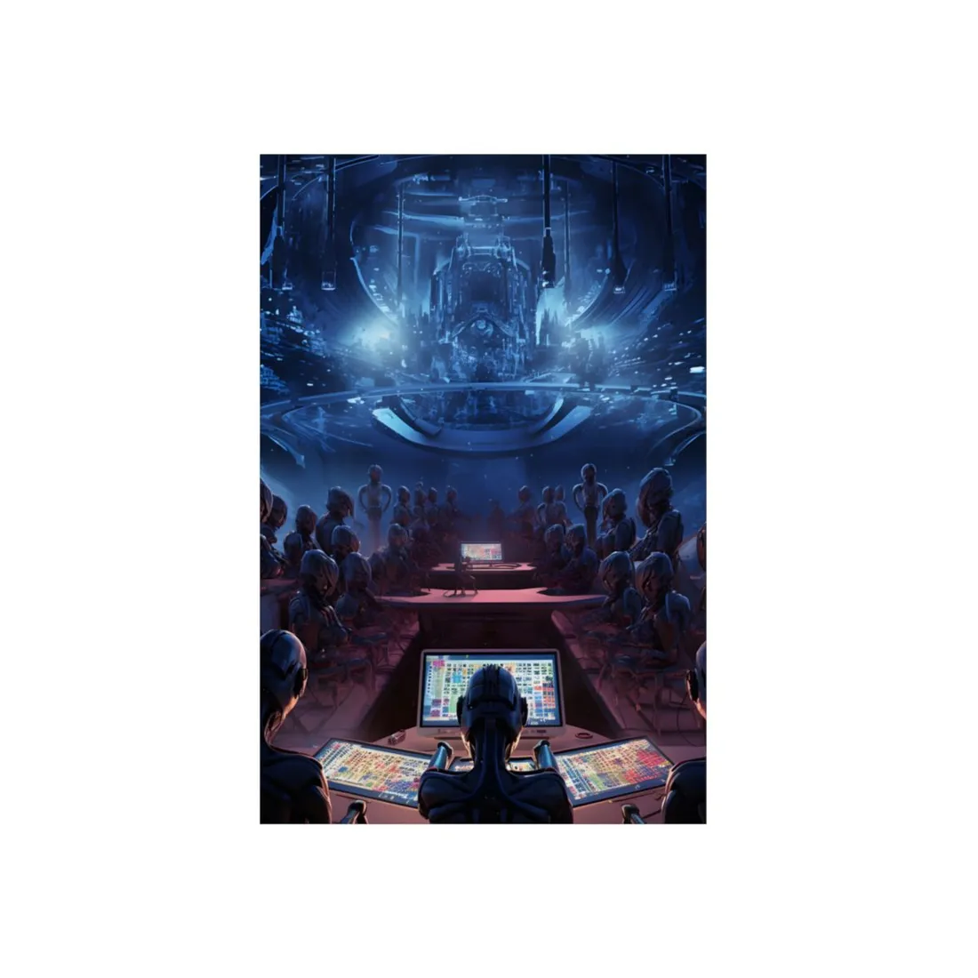 Cybernetic Control Room: Robots and Floating Dome - Metal Poster