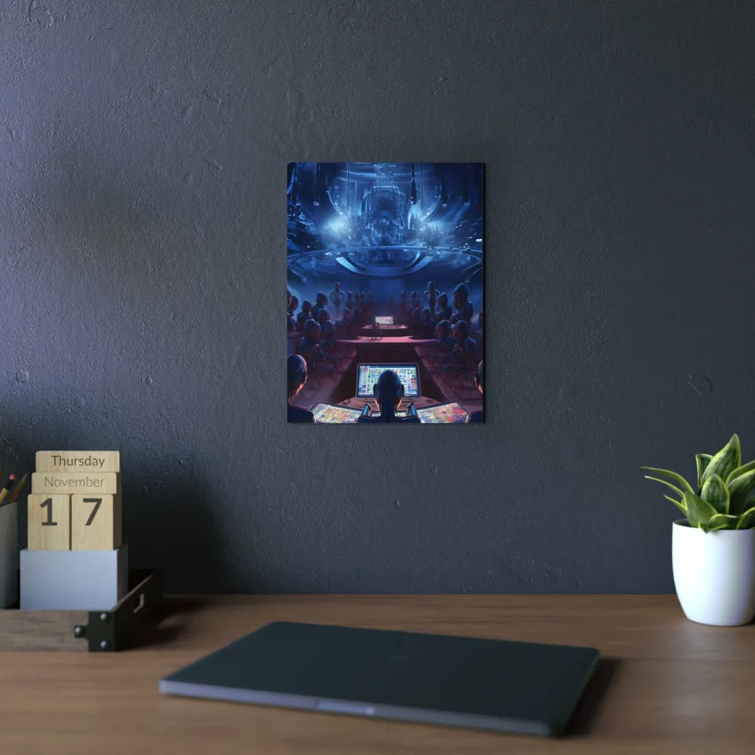 Cybernetic Control Room: Robots and Floating Dome - Metal Poster