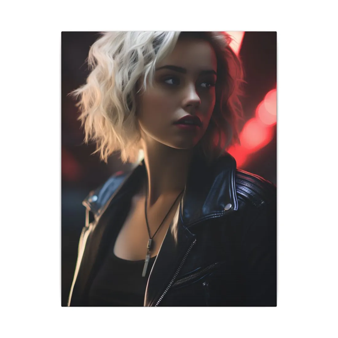 Cyberpunk Blonde: Closeup Portrait in Neon Hues - Canvas