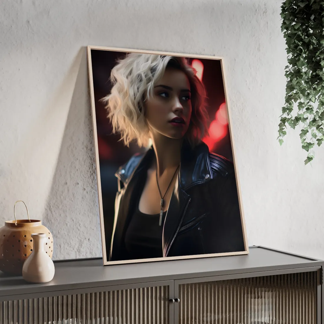Cyberpunk Blonde: Closeup Portrait in Neon Hues - Framed Poster