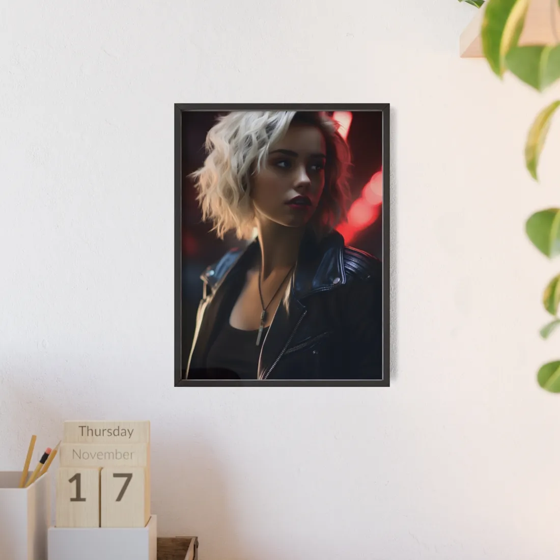 Cyberpunk Blonde: Closeup Portrait in Neon Hues - Framed Poster
