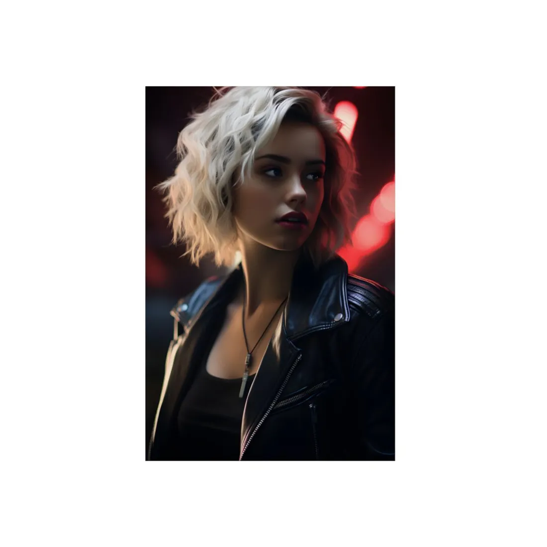 Cyberpunk Blonde Portrait in Red Neon Light - Metal Poster