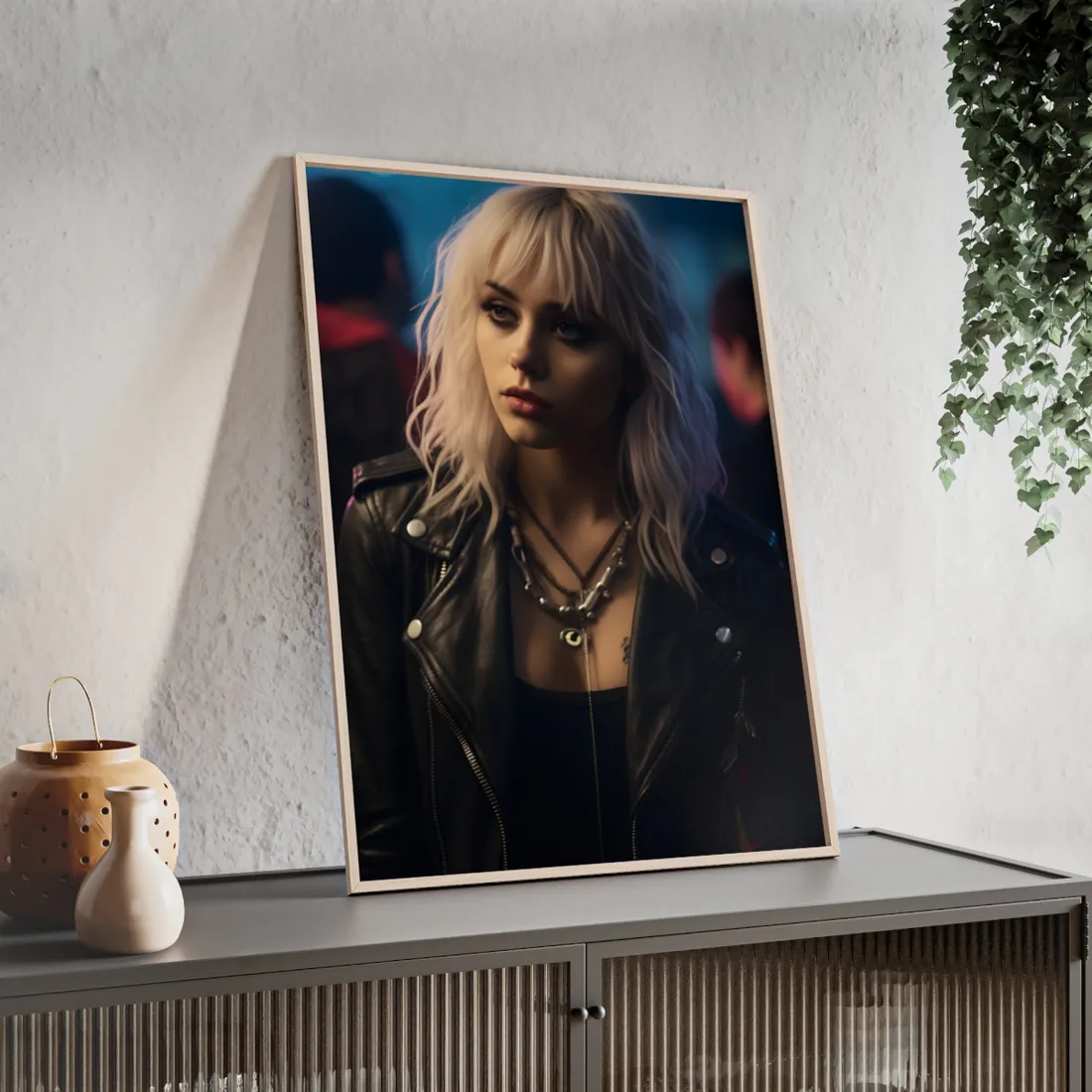 Cyberpunk Blonde Woman: Fashionable Portrait in Close-Up - Framed Poster