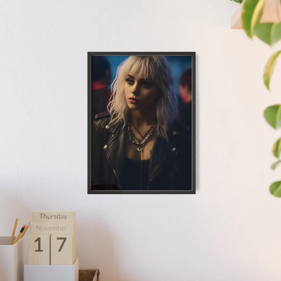 Cyberpunk Blonde Woman: Fashionable Portrait in Close-Up - Framed Poster