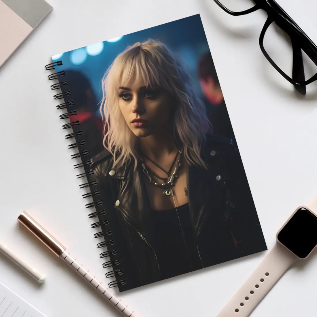 Cyberpunk Blonde Woman: Fashionable Portrait in Close-Up - Spiral Notebook