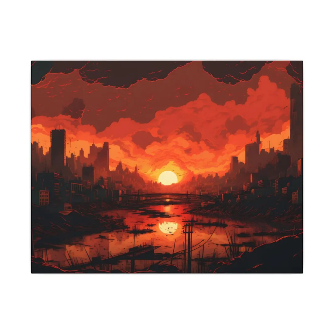 Cyberpunk Burning City: Night Landscape Digital Art - Canvas