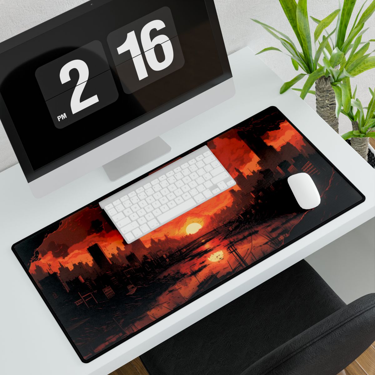 Cyberpunk Burning City: Night Landscape Digital Art - Desk Mat