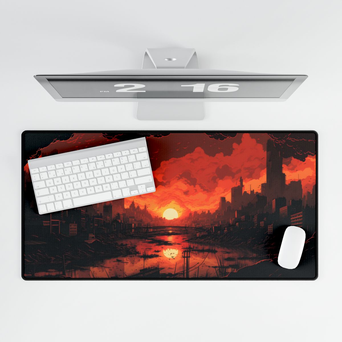Cyberpunk Burning City: Night Landscape Digital Art - Desk Mat