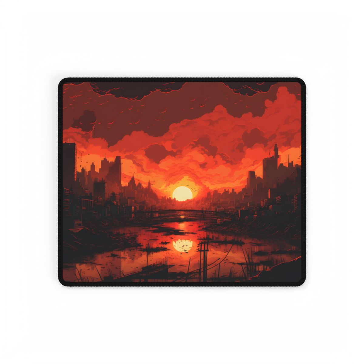 Cyberpunk Burning City: Night Landscape Digital Art - Desk Mat