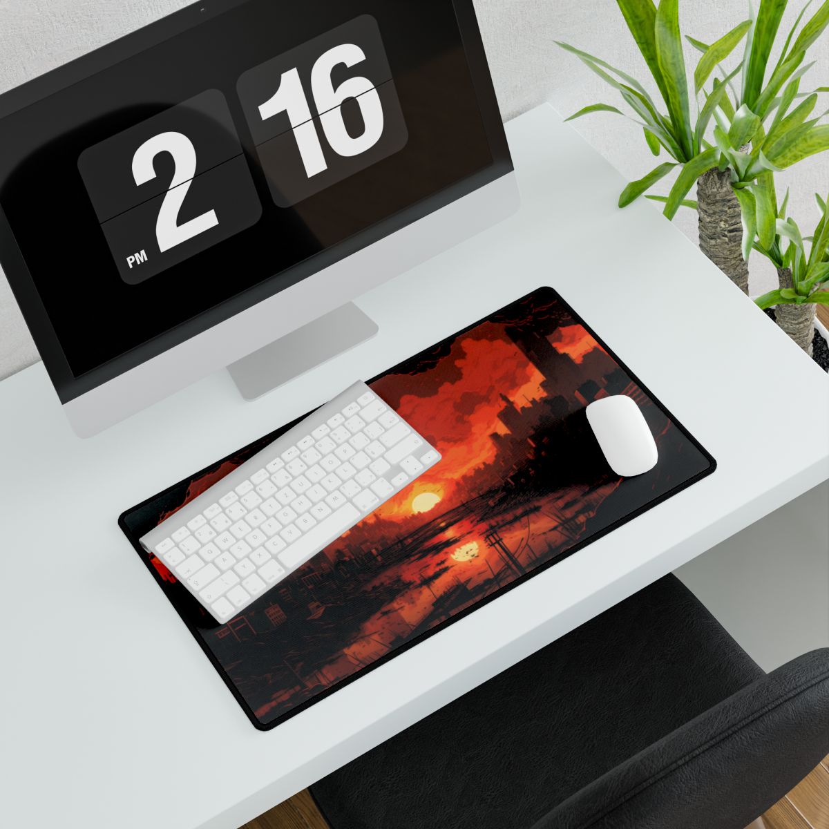 Cyberpunk Burning City: Night Landscape Digital Art - Desk Mat