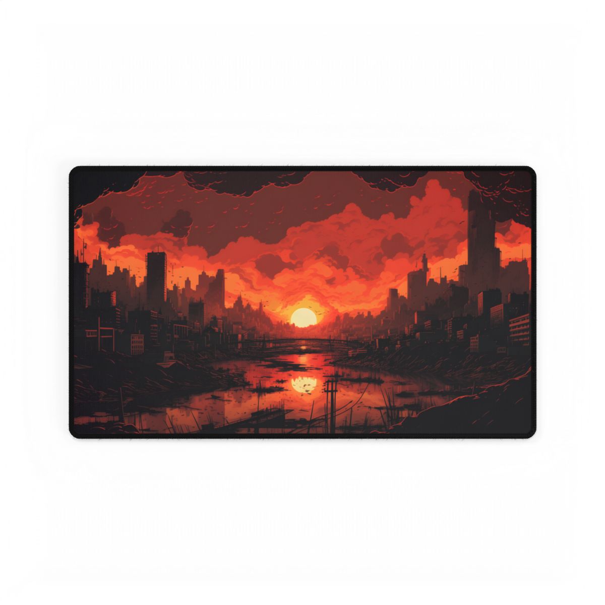 Cyberpunk Burning City: Night Landscape Digital Art - Desk Mat