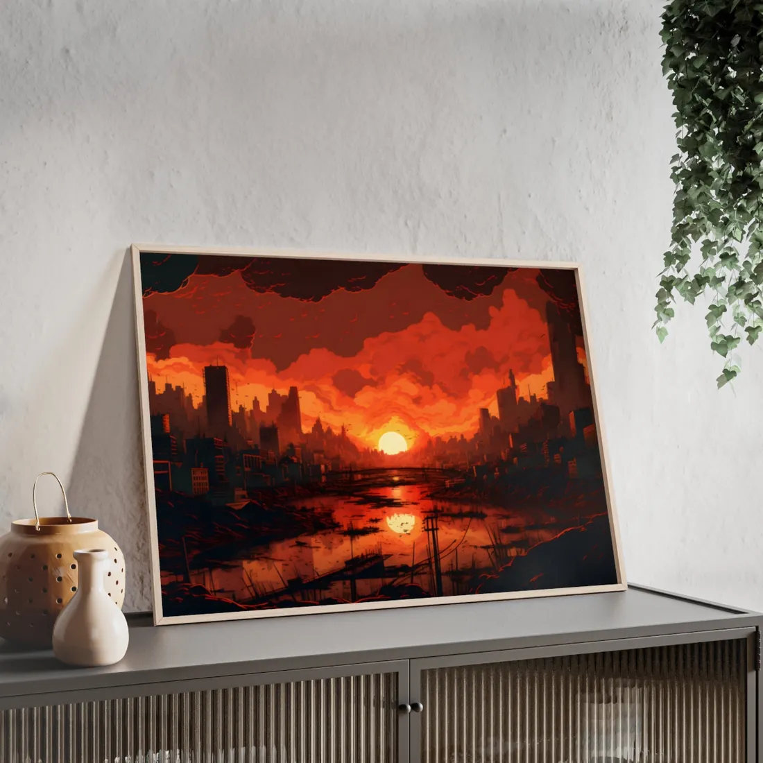 Cyberpunk Burning City: Night Landscape Digital Art - Framed Poster