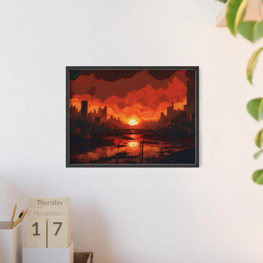 Cyberpunk Burning City: Night Landscape Digital Art - Framed Poster