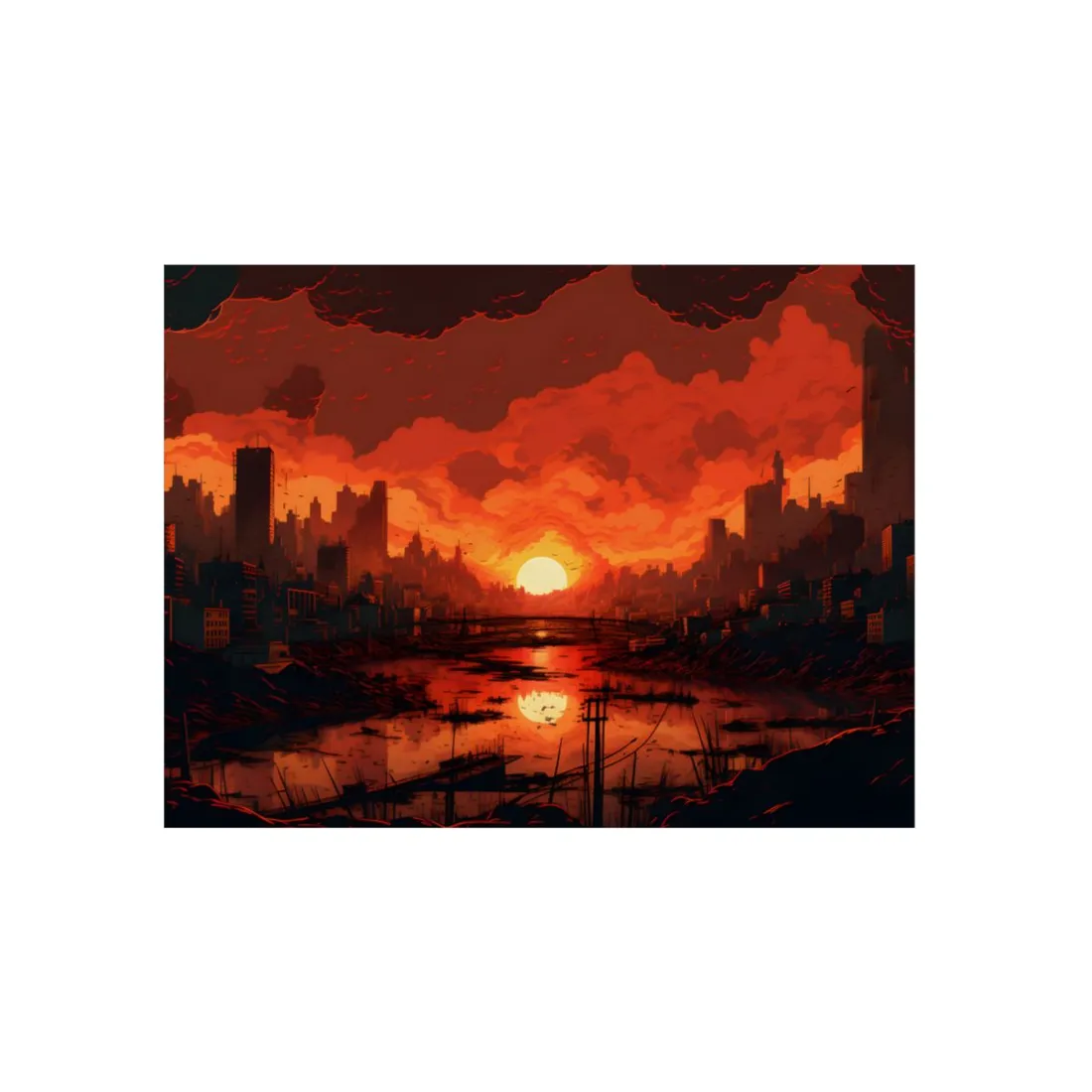 Cyberpunk Burning City: Night Landscape Digital Art - Metal Poster