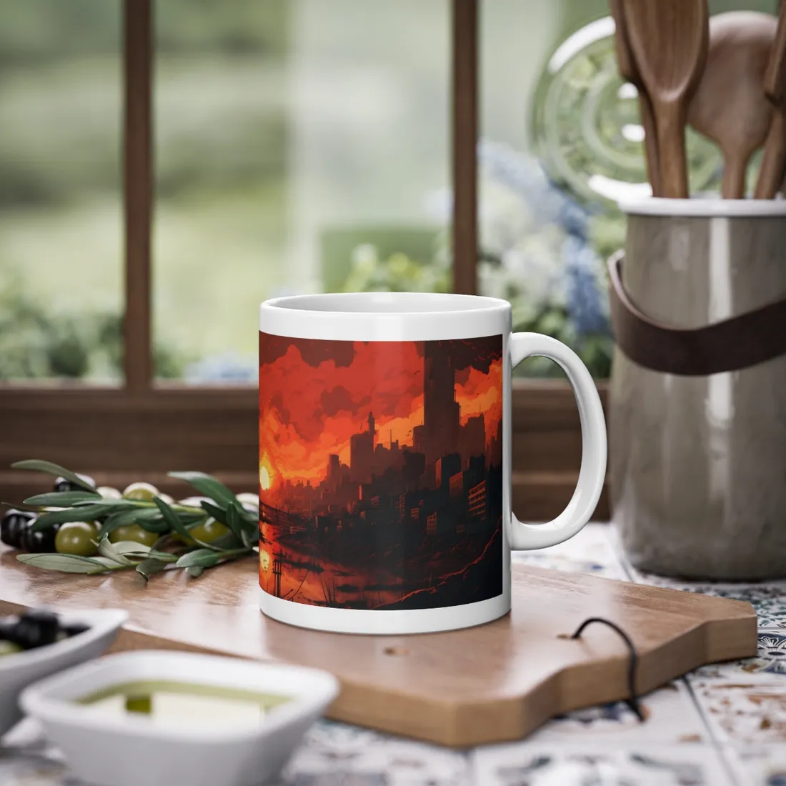 Cyberpunk Burning City: Night Landscape Digital Art - Mug