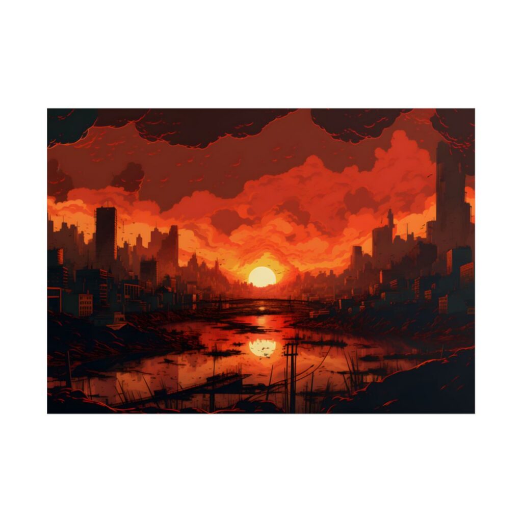 Cyberpunk Burning City: Night Landscape Digital Art - Poster