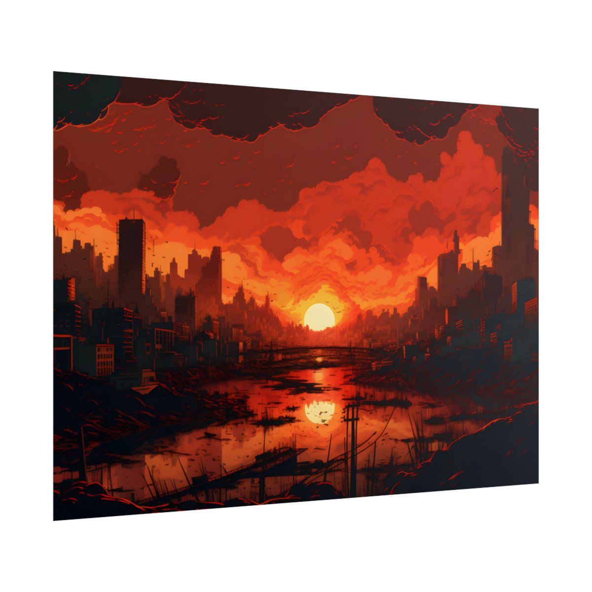 Cyberpunk Burning City: Night Landscape Digital Art - Poster