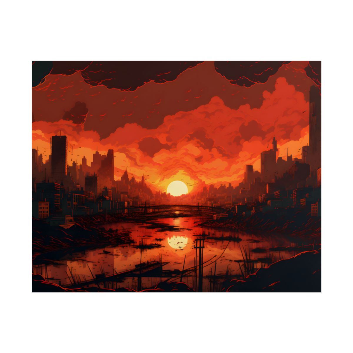 Cyberpunk Burning City: Night Landscape Digital Art - Poster