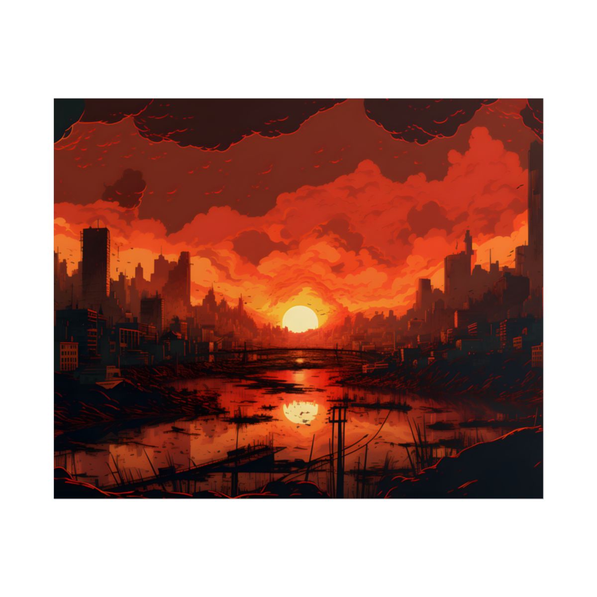 Cyberpunk Burning City: Night Landscape Digital Art - Poster