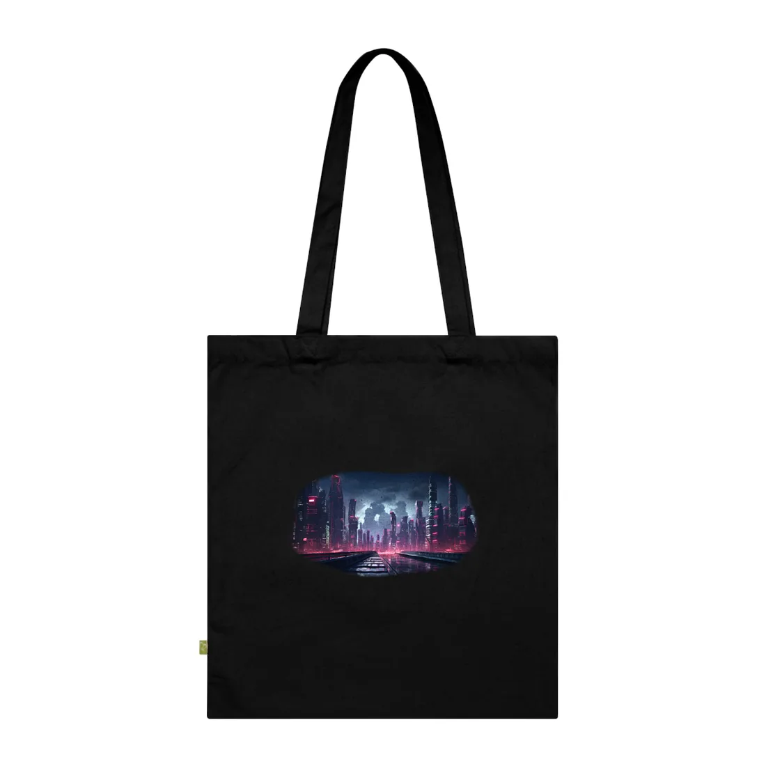 Futuristic night city skyline with glowing red-lit skyscrapers, a wet reflective road, and stormy clouds – Tote Bag, black