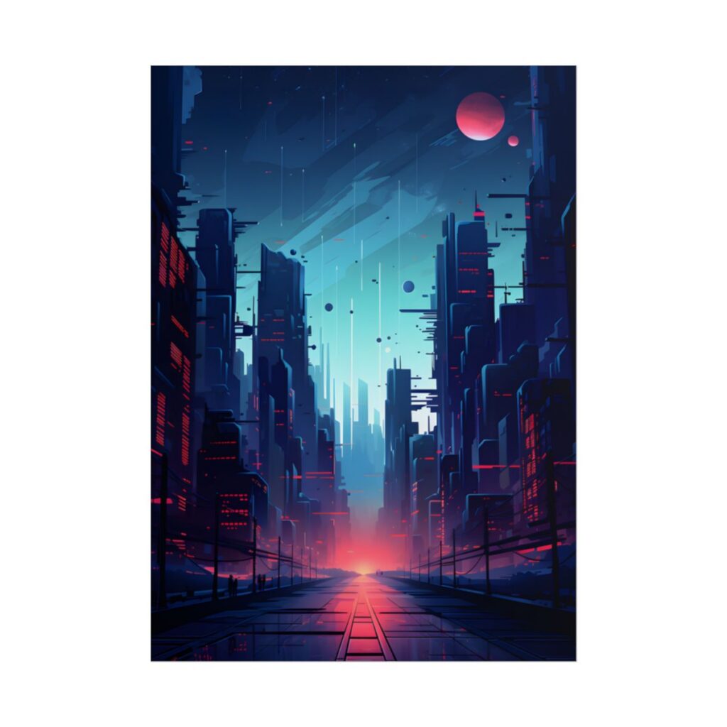 Cyberpunk City Night: Neon Lights Digital Artwork - Poster