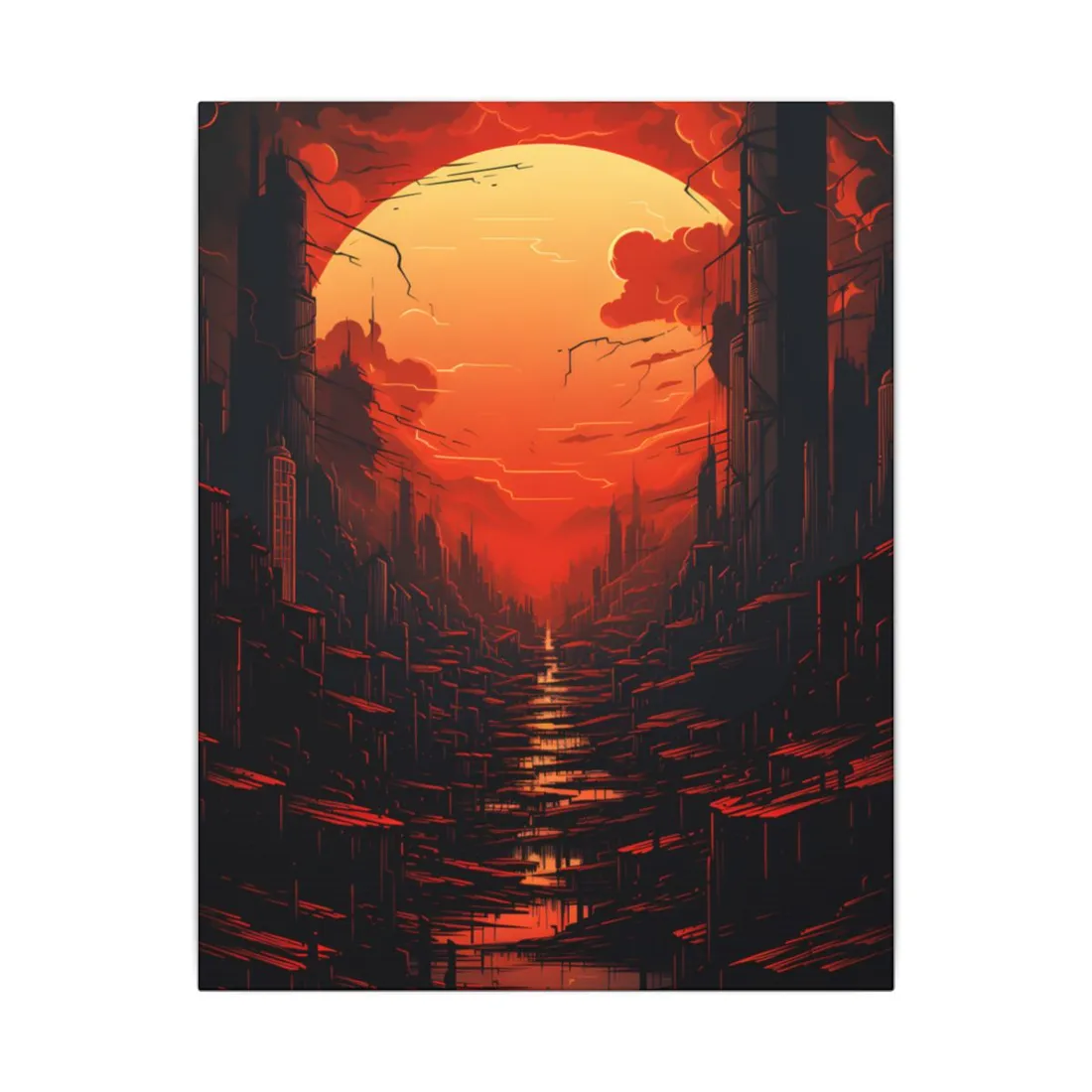 Cyberpunk City Nights: Burning Skyscrapers Digital Art - Canvas