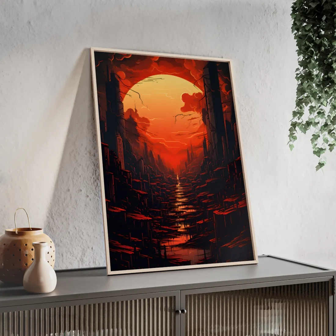 Cyberpunk City Nights: Burning Skyscrapers Digital Art - Framed Poster