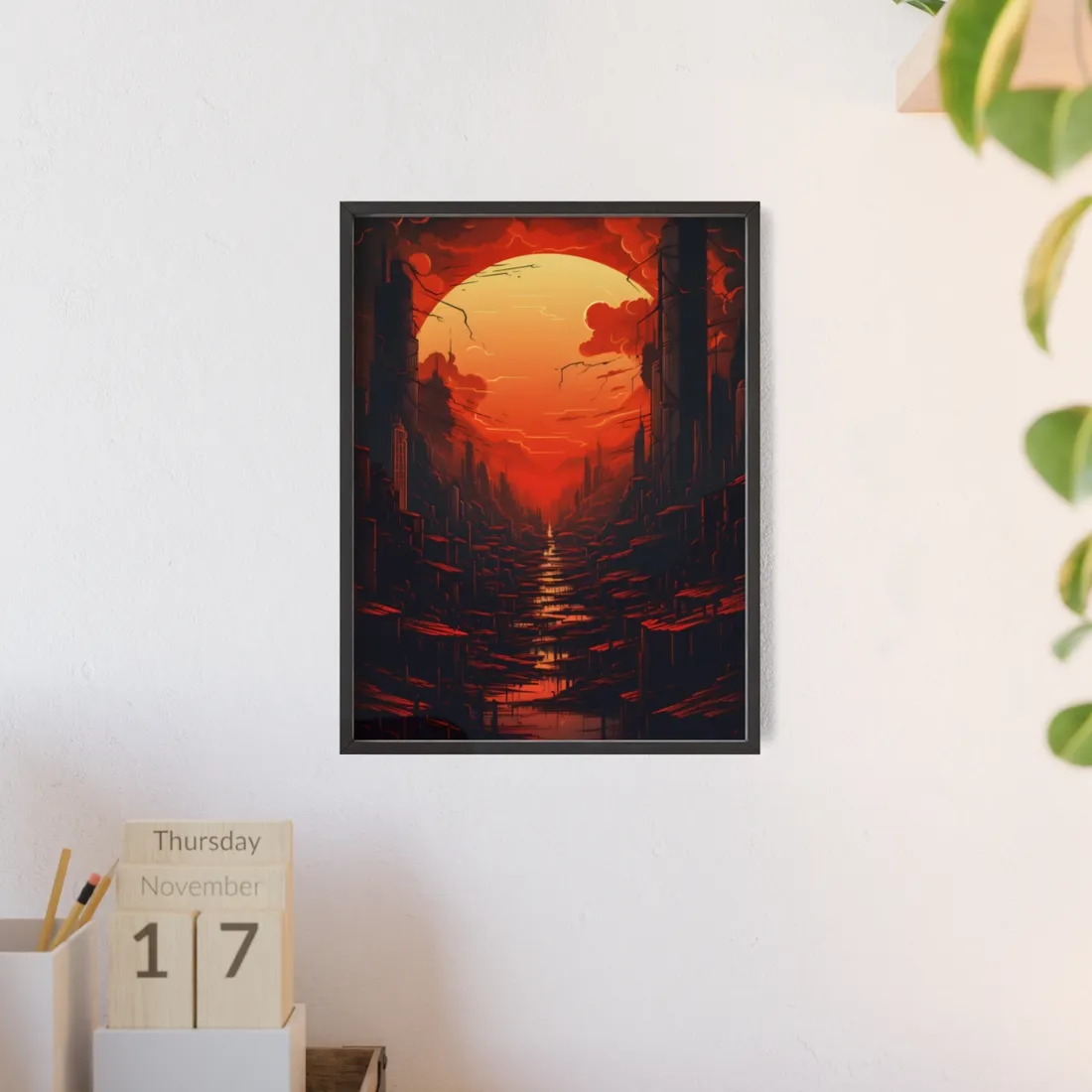 Cyberpunk City Nights: Burning Skyscrapers Digital Art - Framed Poster