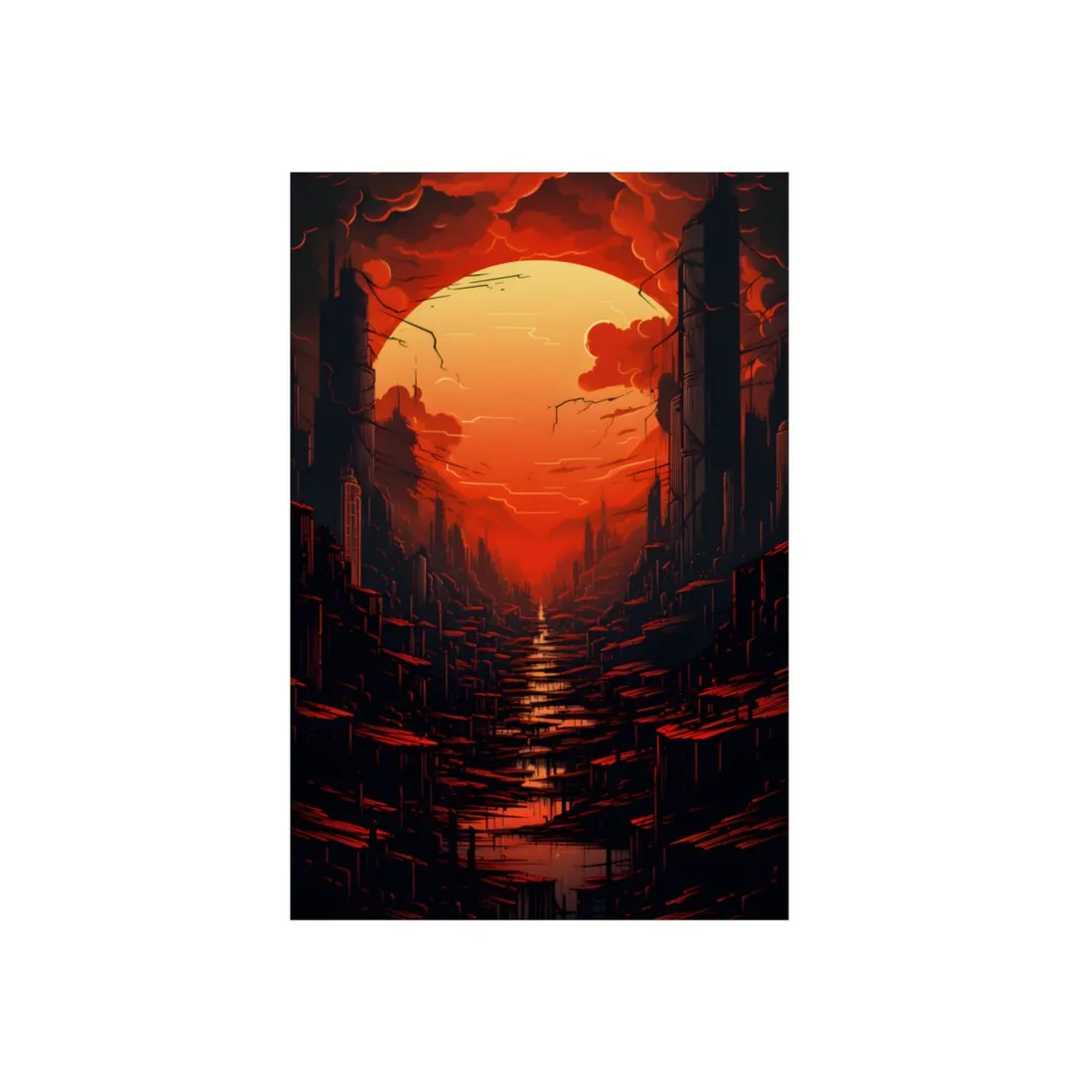 Cyberpunk City Nights: Burning Skyscrapers Digital Art - Metal Poster