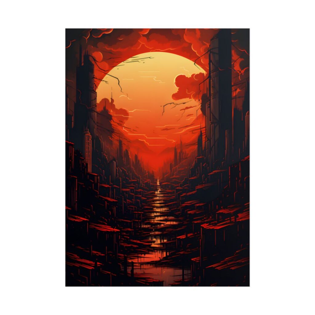 Cyberpunk City Nights: Burning Skyscrapers Digital Art - Poster