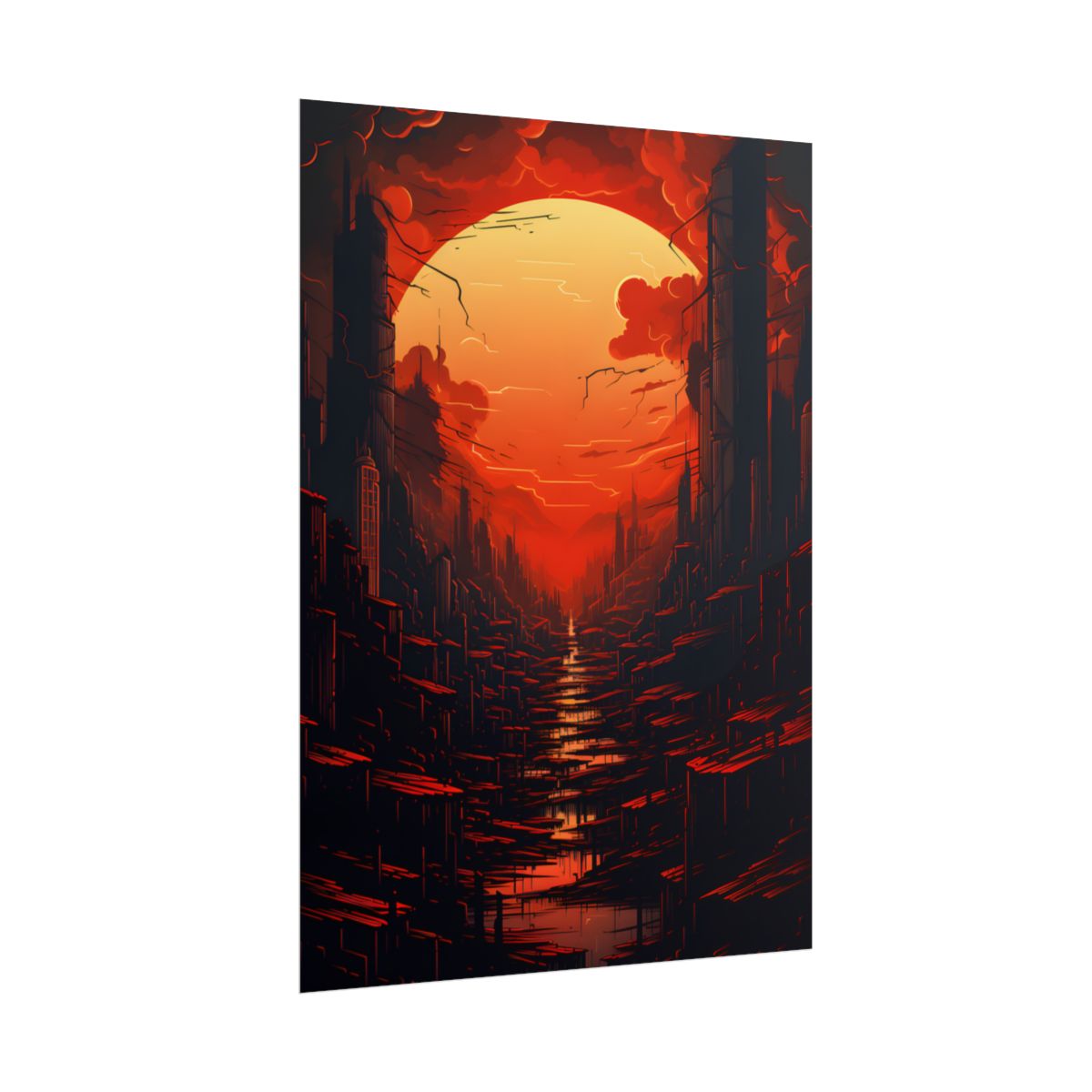 Cyberpunk City Nights: Burning Skyscrapers Digital Art - Poster