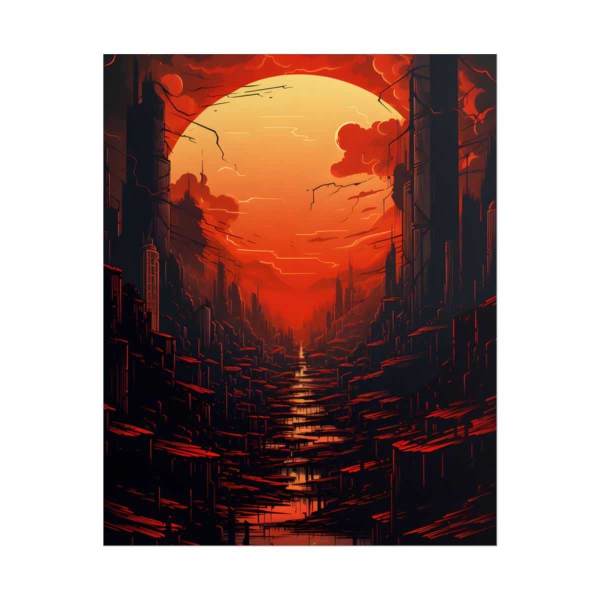 Cyberpunk City Nights: Burning Skyscrapers Digital Art - Poster