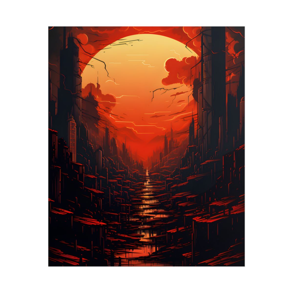Cyberpunk City Nights: Burning Skyscrapers Digital Art - Poster