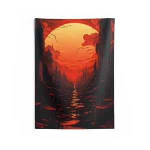 Red Sun over City Wall Tapestry