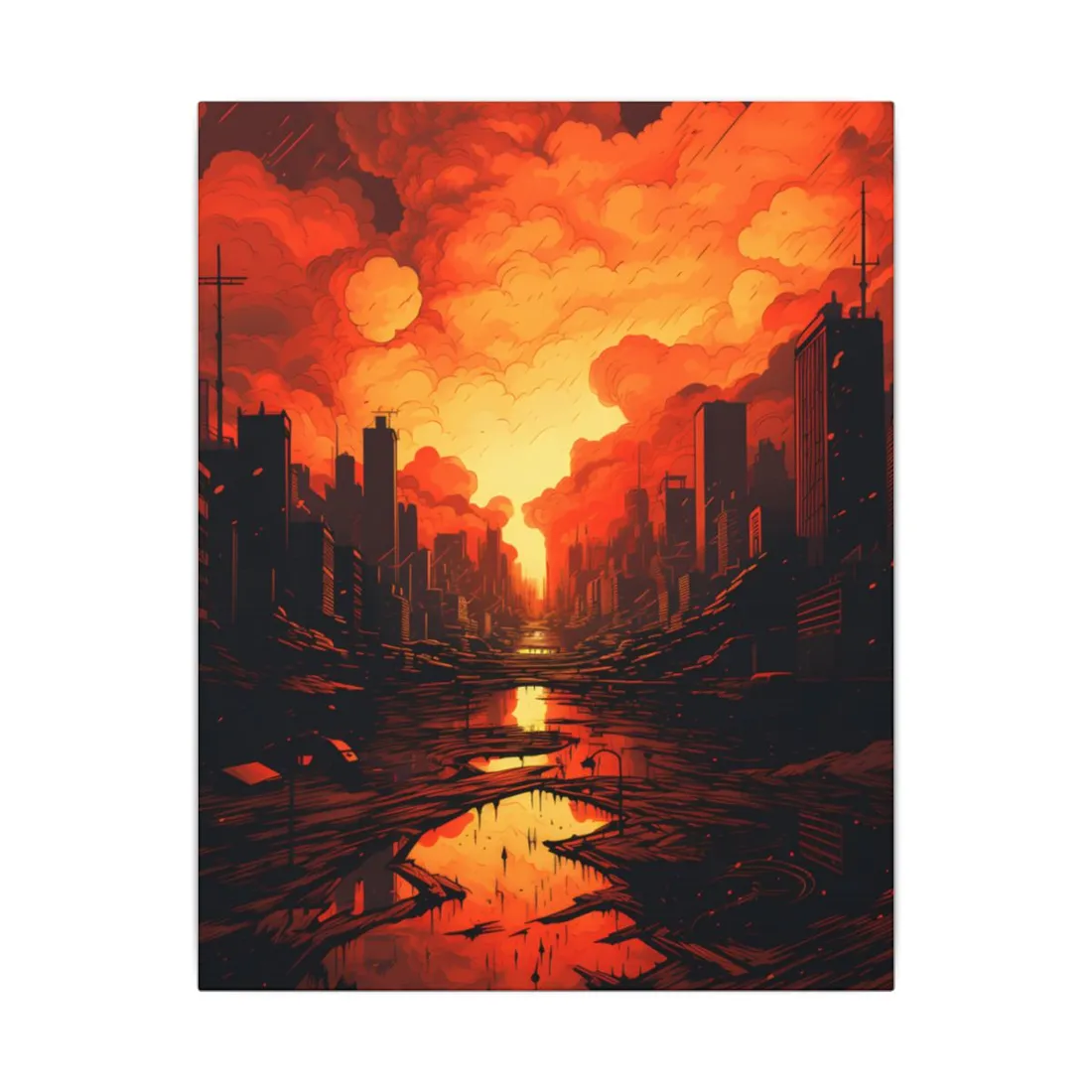 Cyberpunk Cityscape at Night: Burning - Canvas