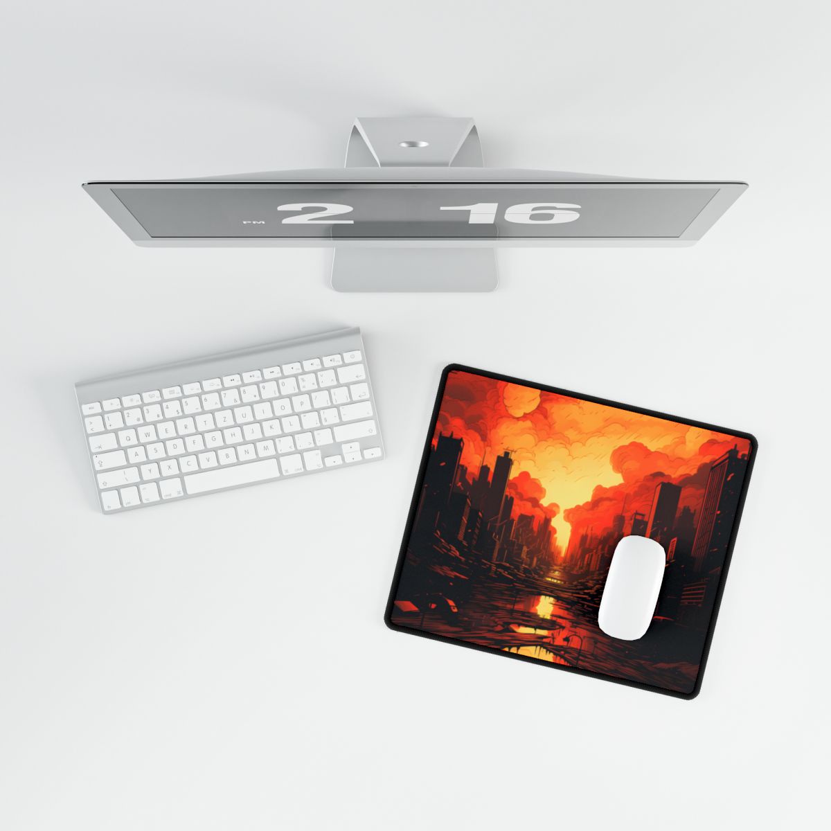Cyberpunk Cityscape at Night: Burning Digital Artwork - Desk Mat