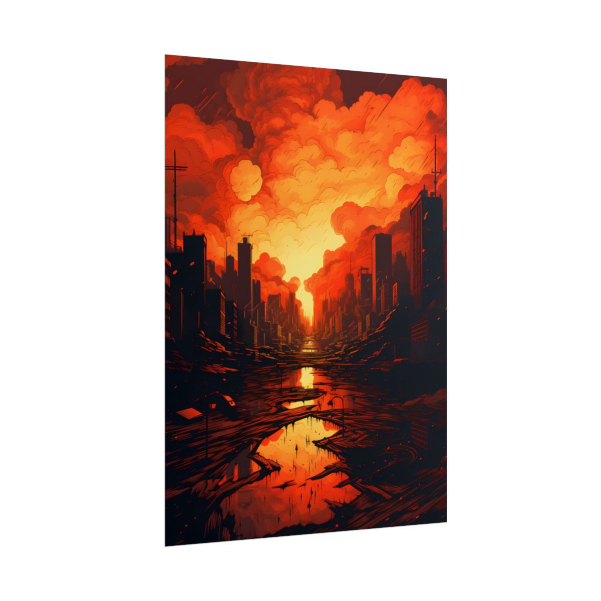 Cyberpunk Cityscape at Night: Burning Digital Artwork - Poster