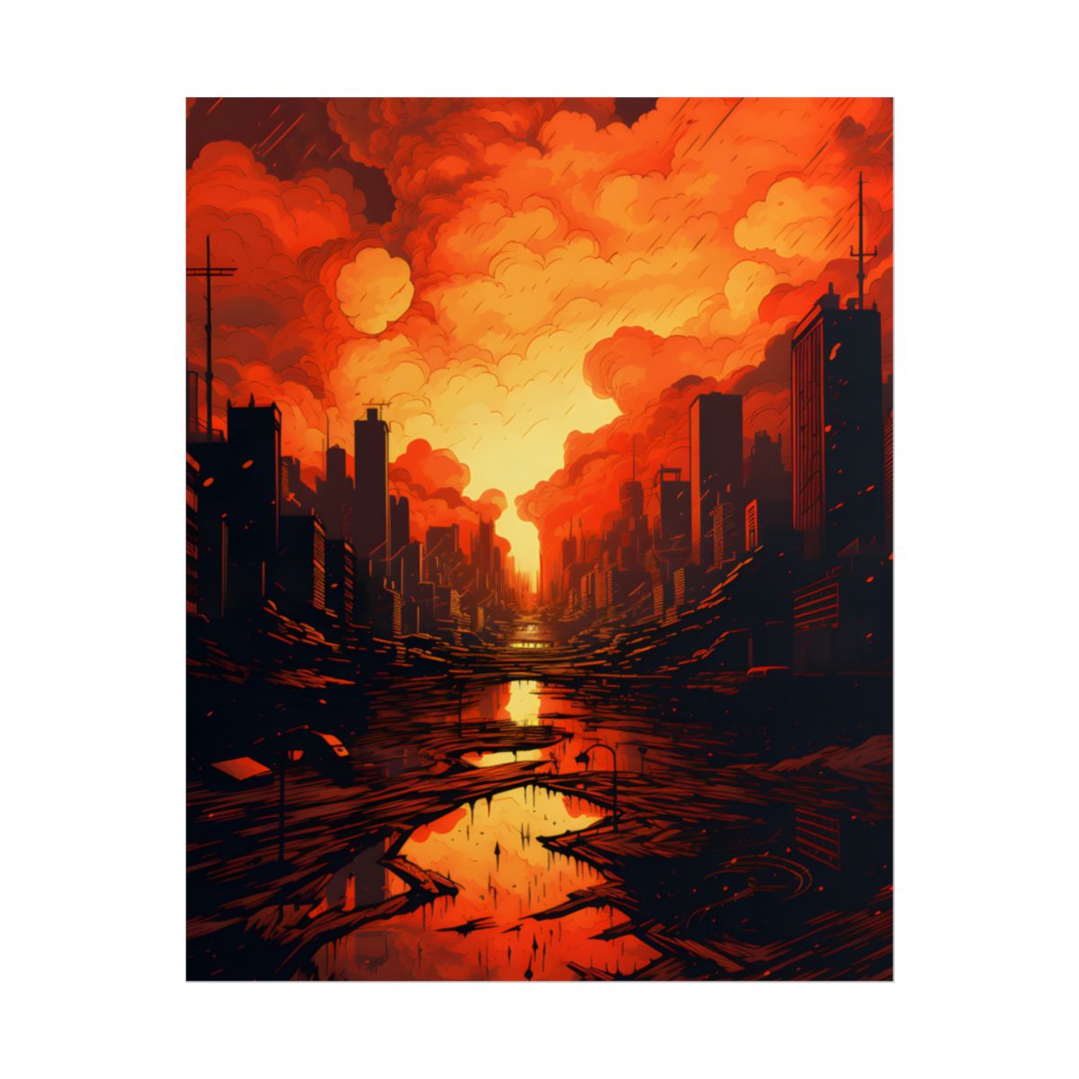 Cyberpunk Cityscape at Night: Burning Digital Artwork - Poster
