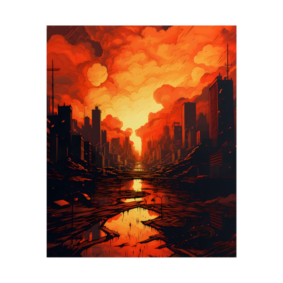 Cyberpunk Cityscape at Night: Burning Digital Artwork - Poster