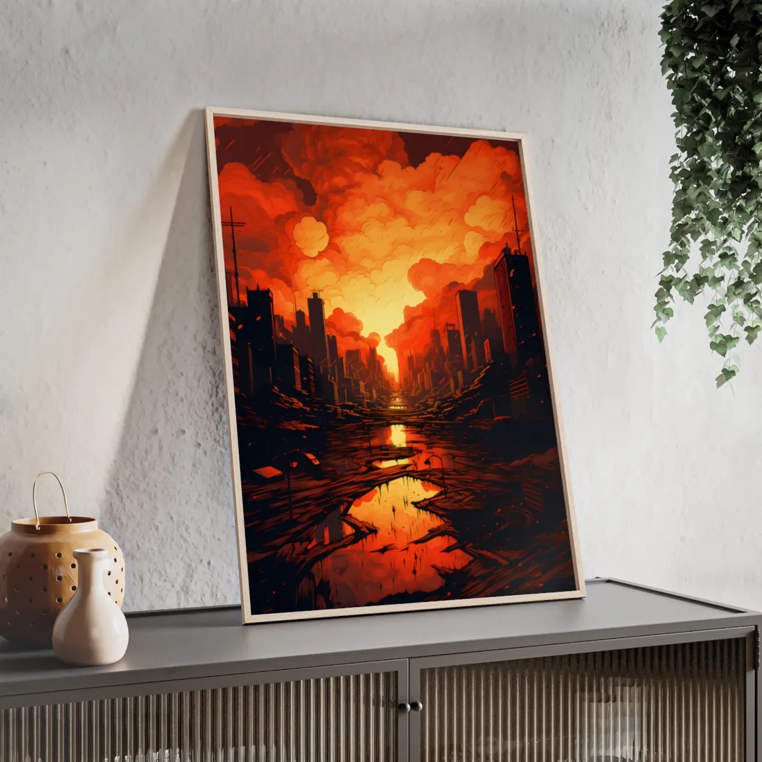 Cyberpunk Cityscape at Night: Burning - Framed Poster