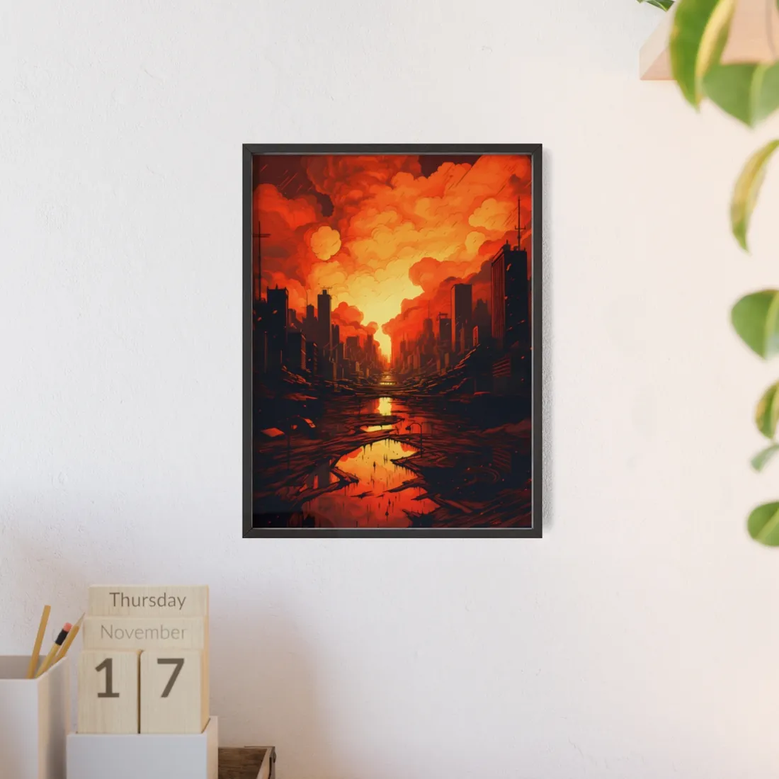 Cyberpunk Cityscape at Night: Burning - Framed Poster